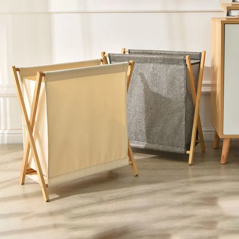 Wood Folding Laundry Basket Large Dirty Clothes Storage Bucket Home Portable Laundry Snacks Toys Storage Bag Fabric Japan Style