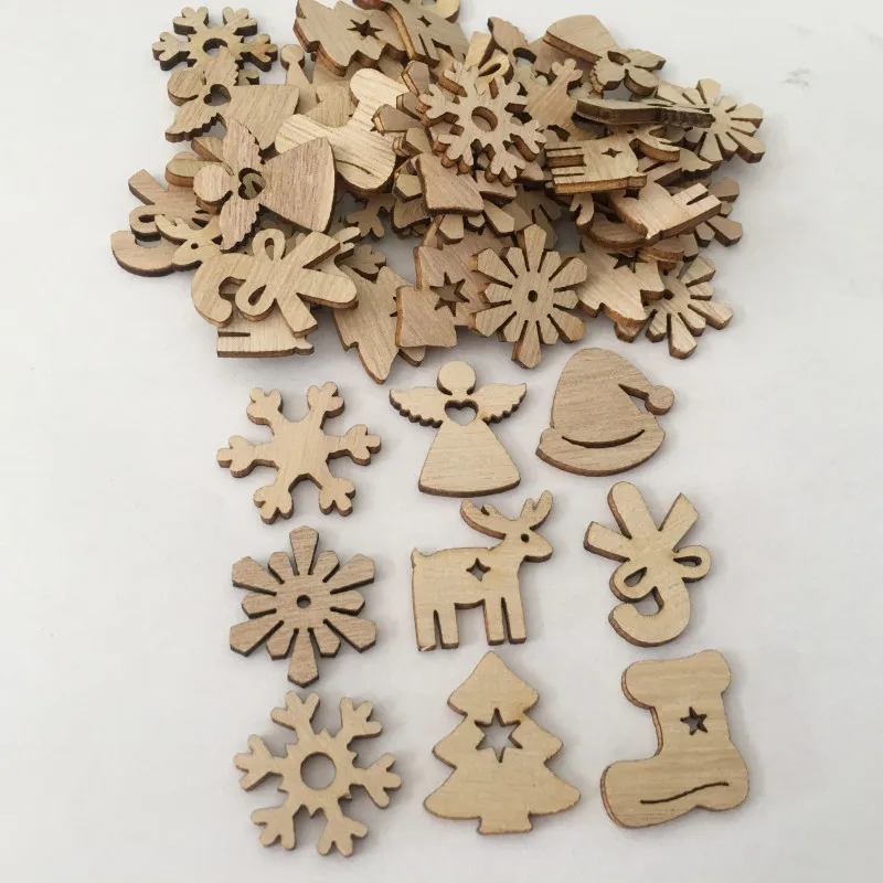 Natural Wood Christmas Ornaments Pendant Hanging Gifts Elk Deer Snowflake Xmas Tree New Year Party Decorations 50pcs