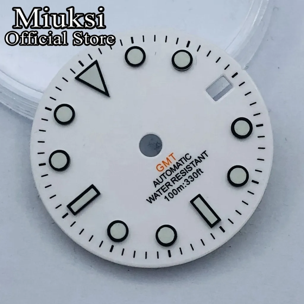 Miuksi 28.5mm white GMT watch dial blue green luminous fit NH34 NH35 movement