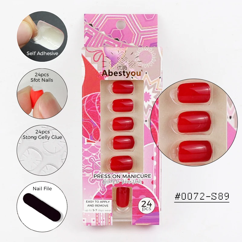 Abestyou 24 개/갑 스퀘어 헤드 짧은 솔리드 퓨어 컬러 프레스 아크릴 손톱 세트 폴리 젤 스티커 파일 도구 재사용 가능한 매니큐어