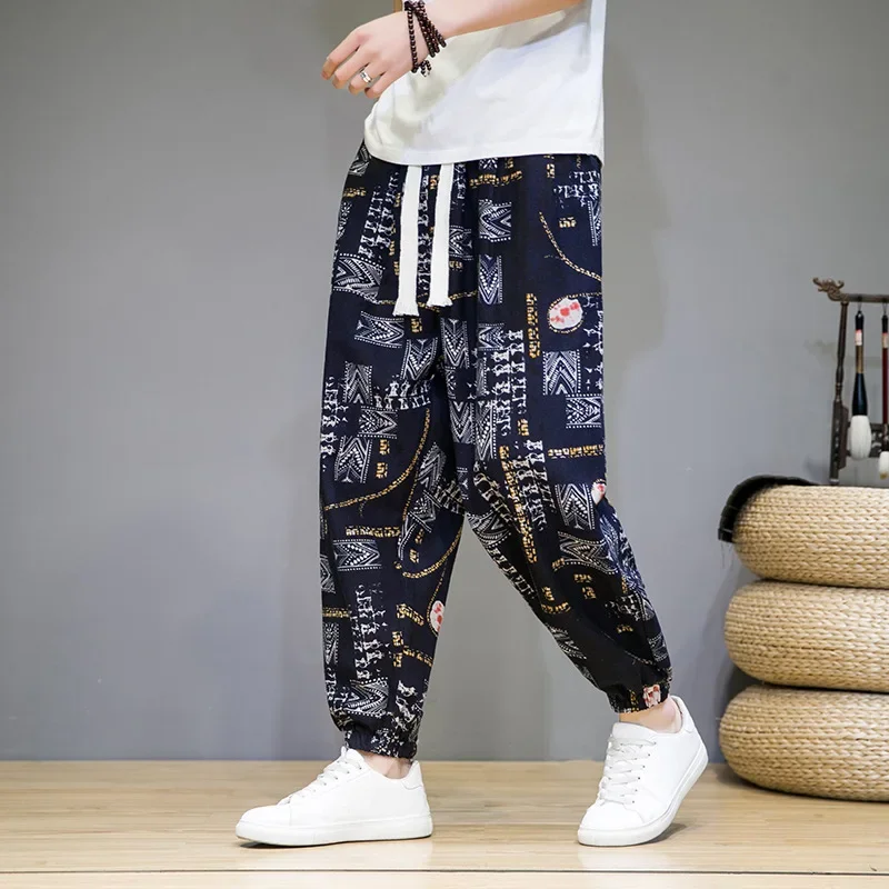 Summer New Men's Loose Elastic Waist Pants Casual Cotton Linen Multi-Color Print Large Size Chinese Style Slim Fit Trousers