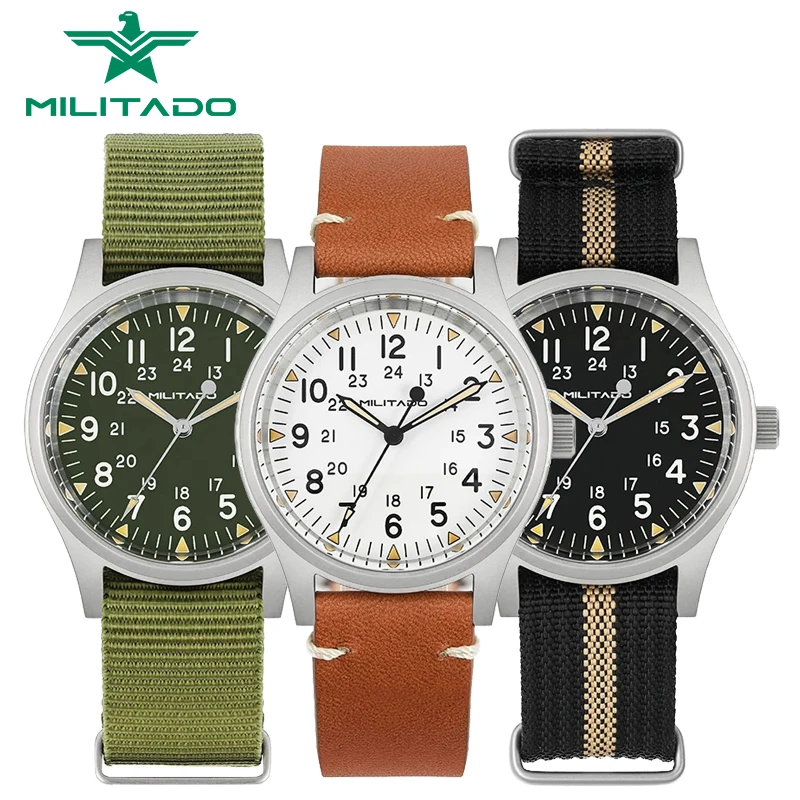 Militado 36mm Military Watch VH31 Quartz Stainless Steel Sapphire Crystal C3 Super Luminous 100m Waterproof Sport Watch ML02