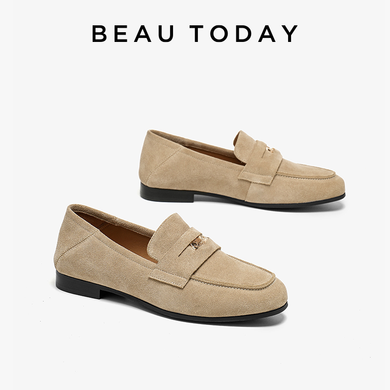 BEAUTODAY Loafers Women Cow Suede Flats Round Toe Metal Penny Sewing Casual Flats Female Handmade 26251