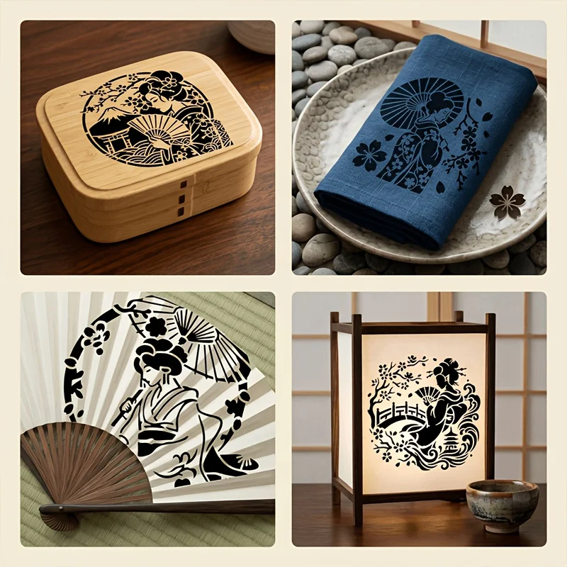4Pcs 일본 게이샤 패턴 스텐실 DIY 공예 홈 벽 패브릭 페인팅을위한 재사용 가능한 벚꽃 후지산 템플릿