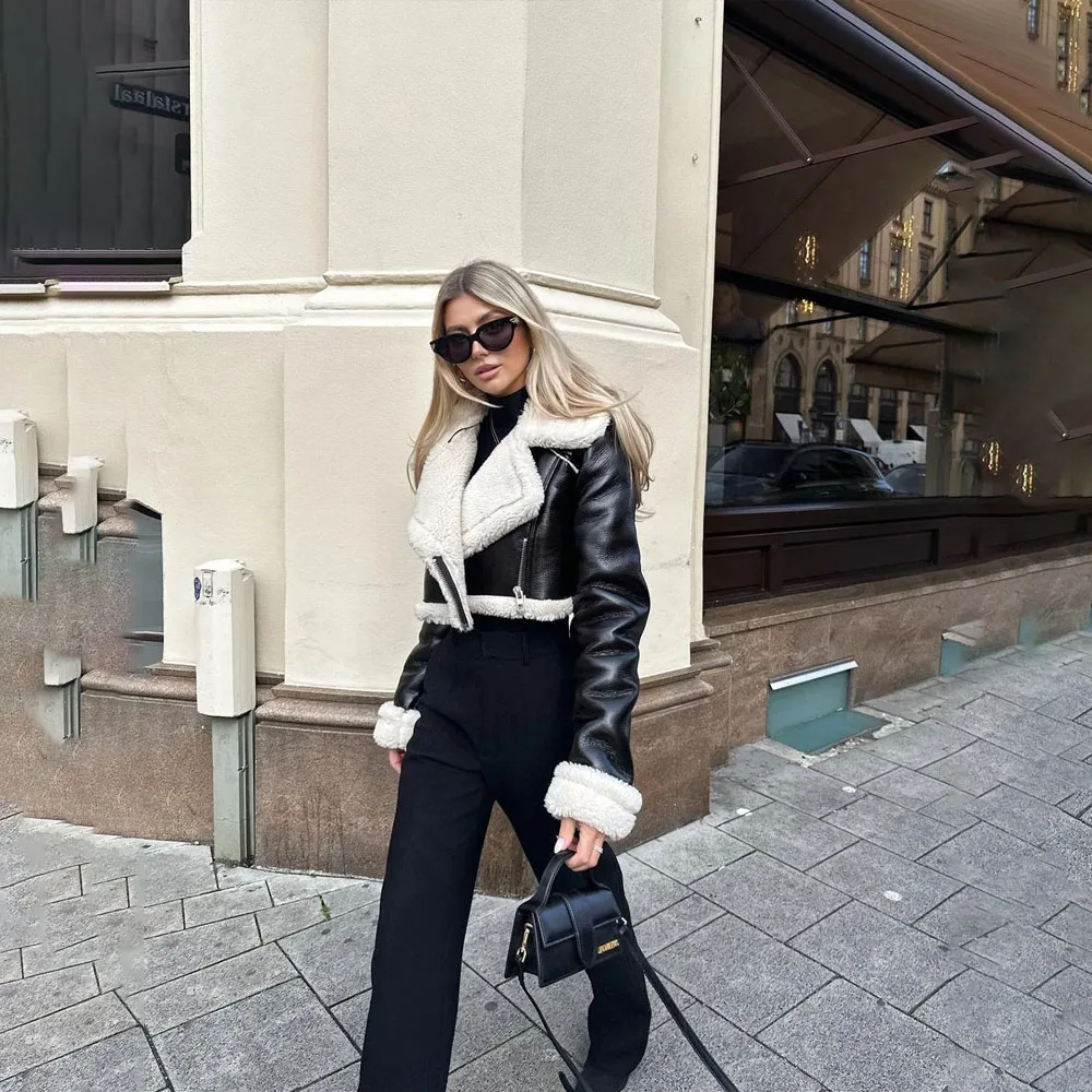 Otoño/Invierno, nuevo estilo europeo americano, chaqueta corta holgada de doble cara con cremallera, chaqueta de cuero de una pieza para mujer