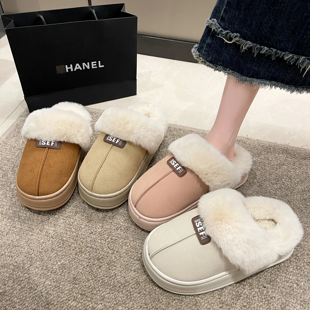

2024 Winter Solid Fur Snow Slipper Women Korean Platform Slippers Long Plush Warm Soft Indoor Thick Sole Cotten Shoes Footwear