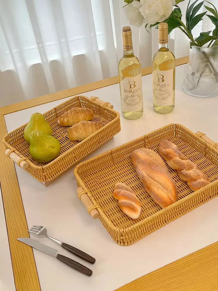 Creative Handmade Woven Rattan Storage Tray Square Wicker Basket Wooden Handle Bread Food Tray Fruit Cake Platter 4