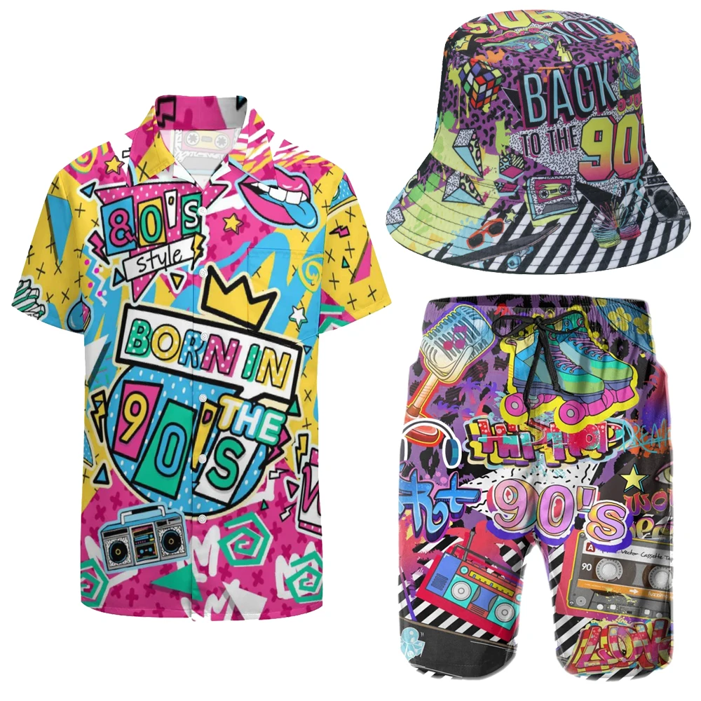thumbnail image 1 of Conjunto deportivo de 2 piezas para hombre, estilo años 80 y 90, camisas con cuello en V y pantalones cortos estampados, con sombreros de pescador, traje de playa para Halloween y Navidad en verano, 1 of 5