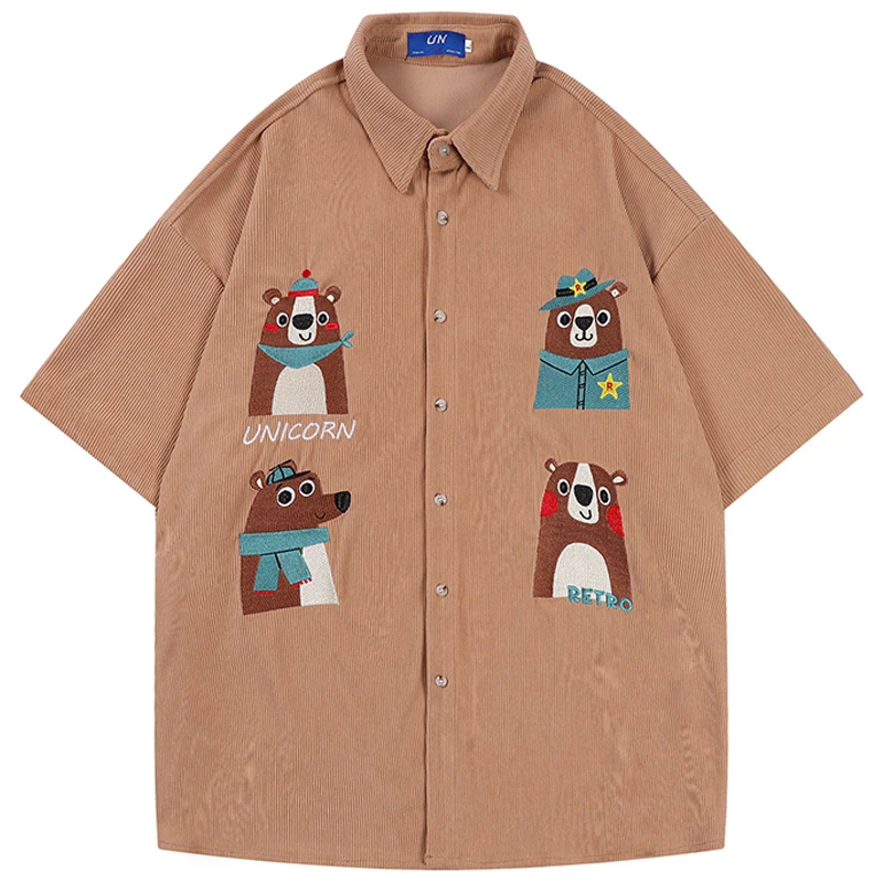 

Men Streetwear Harajuku Cartoon Bear Embroidery Shirt Casual Corduroy Shirt Loose HipHop Oversize Couple Top Summer Short Sleeve