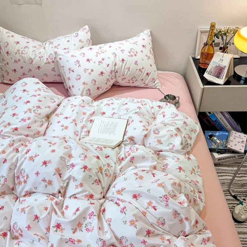 

Korea Style Flower Printed Bedding Sets Girls Single Double Queen Size Flat Sheet Duvet Cover Pillowcase Bed Linens Home Textile