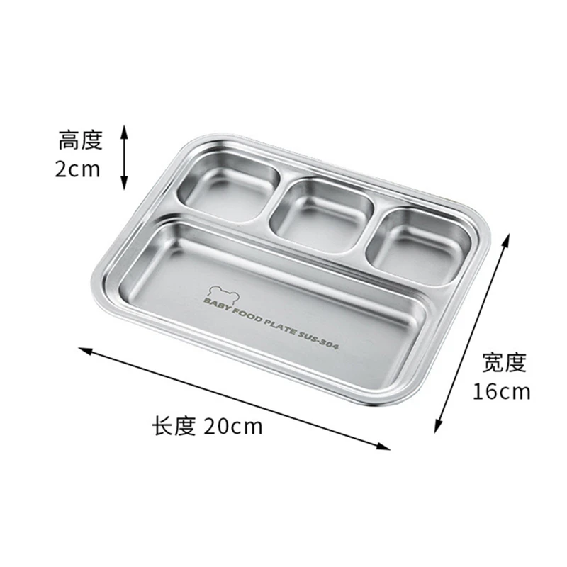 304 Stainless Steel Divided Dinner Tray Lunch Fruit Snack Container Food Plate 4 Grids For Students Canteen Restaurant