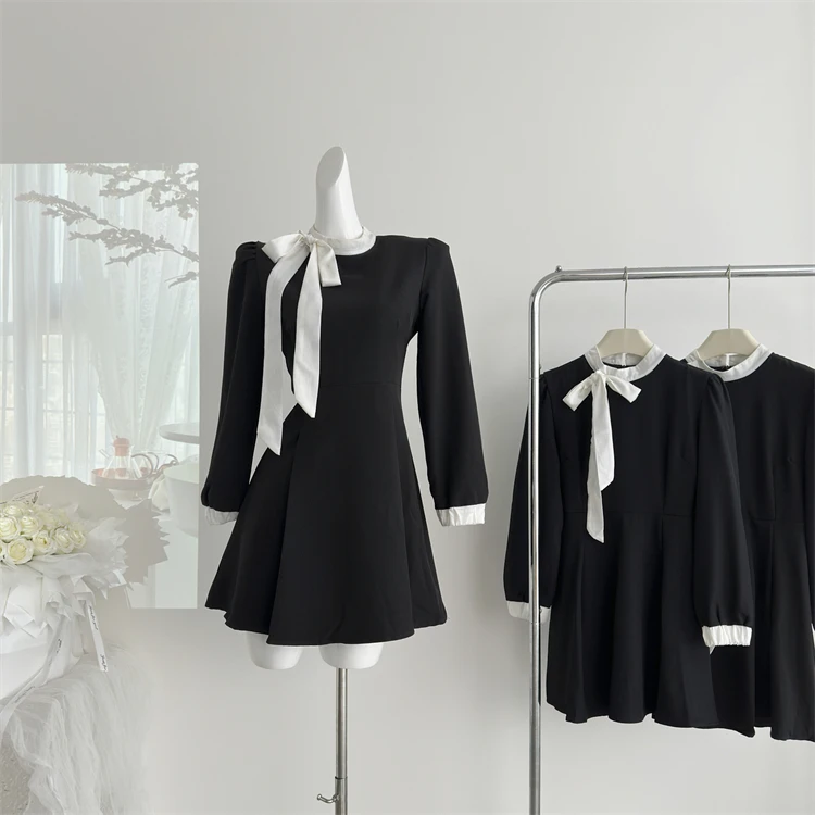 Elegant Evening Dresses for Women Patchwork O-neck Long Sleeves A-line Party Dress Korean Fashion French Retro Vestidos Mujer