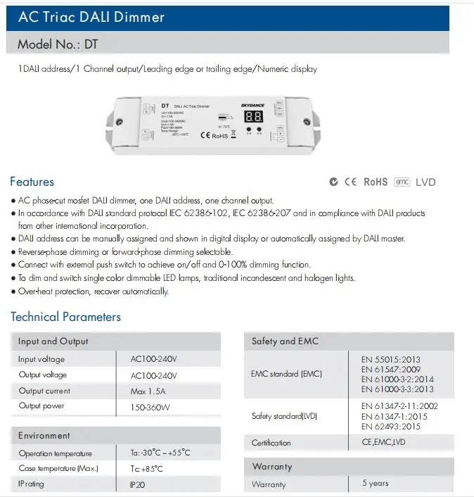 Skydance DT 100-240VAC Numeric display DALI AC Triac Dimmer Push Dim DALI controller 150W-360W Output power with 1 channel