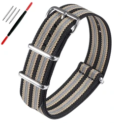 Nylon Ribbed Military - Style Watch Strap - Sporty and Casual Replacement Wristband - 22mm (Black khaki grey)