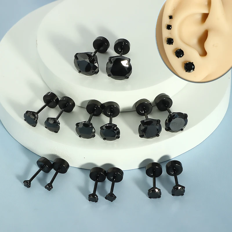 50pcs/lot Stainless Steel Crystal Flat Studs Women Men Bar Screw Back Tragus Round Clear Cubic Zirconia Piercing Earrings Jewelr