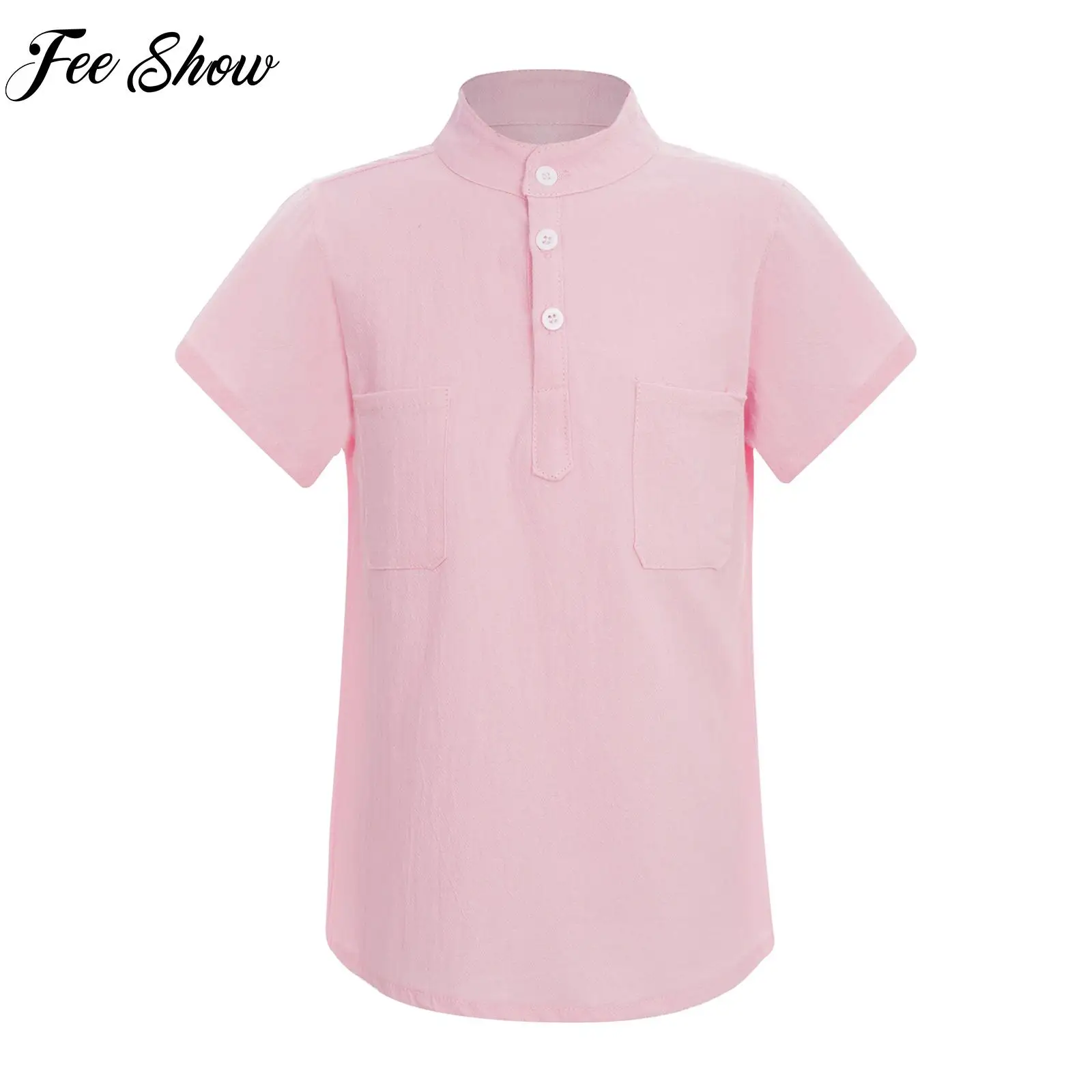 Kids Summer T-Shirts Short Sleeve Cotton Linen Shirt Button Casual Stand Collar Shirts with Pockets for Boys Girls