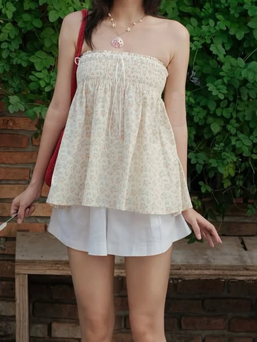 Women s Floral Print Strapless Tube Top with Pleated Detailing Backless Design and Perfect for Summer Clubwear 2
