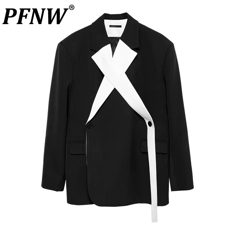 

PFNW Autumn Winter New Men Asymmetric Length Contrast Irregular Tide Blazers Casual Spliced Single Button Suit Coat Tops 12A7152