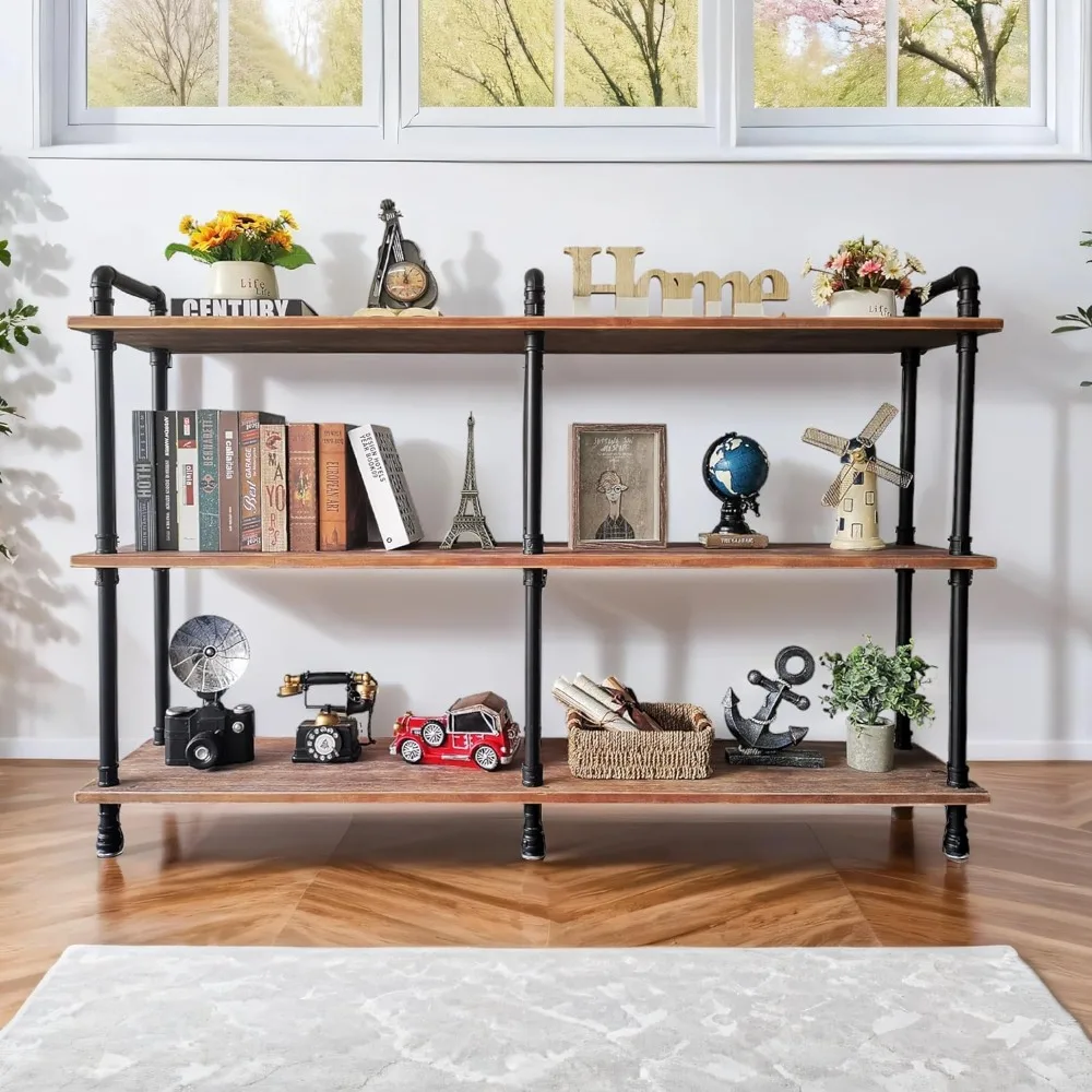 

3 Tier Industrial Long Bookshelf, Entryway Industrial Metal Bookcase (Weathered Brown, 60" L x 11.8" W x 39" H)