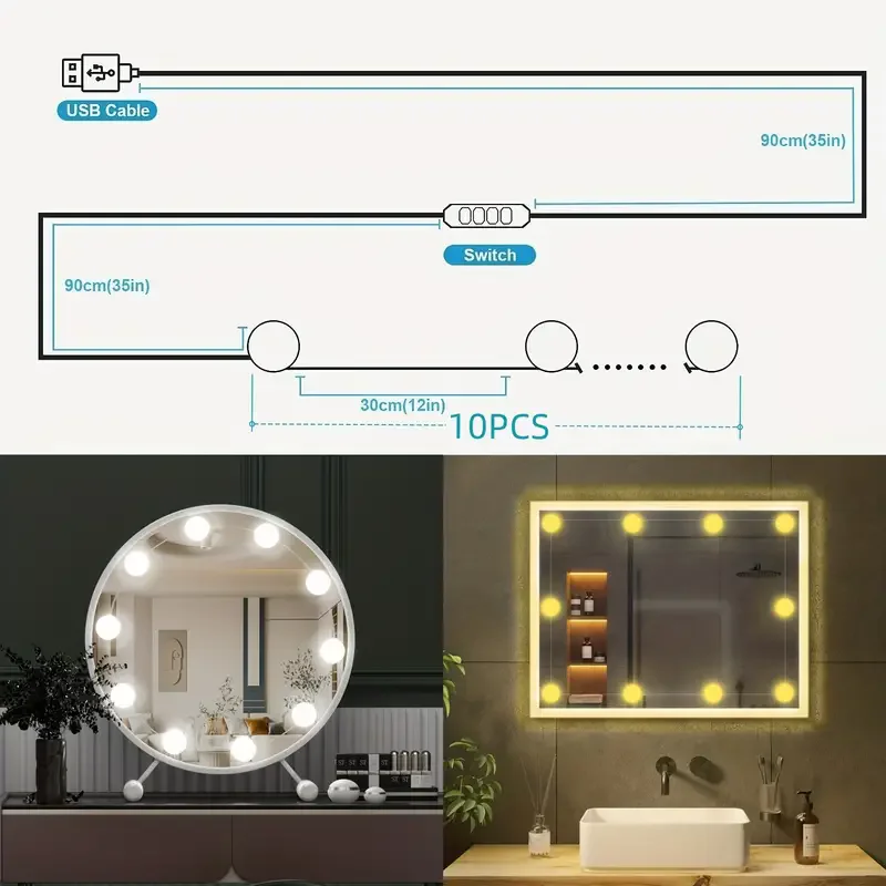 Makeup Mirror LED Light Bulbs Vanity Lights USB Charging Bathroom Dressing Table Lighting Dimmable LED Vanity Mirror Light