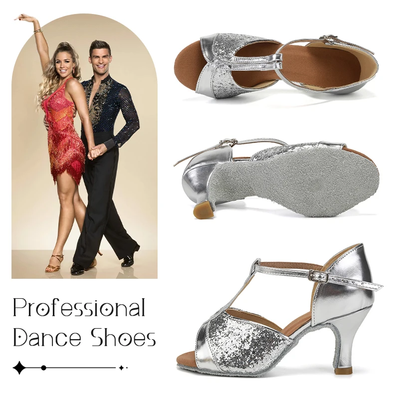 Mid-heel Latin Dance Shoes Women Soft Sole Dance Shoes Sequined Stage Performance Salsa Waltz Chacha Sandals dance shoes