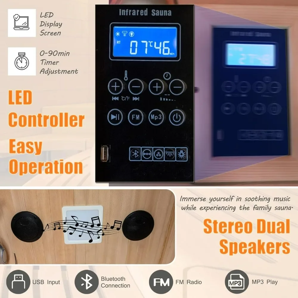 Indoor Far Infrared Sauna Room, Low EMF 5 Heating Panels 1400W Infrared Therapy with Bluetooth Speakers LED Lamp 1 Person Spa 2