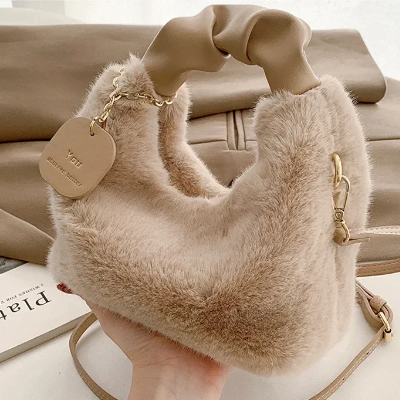 Women Faux Fur Plush Handbags Ruched Handle Small Lady