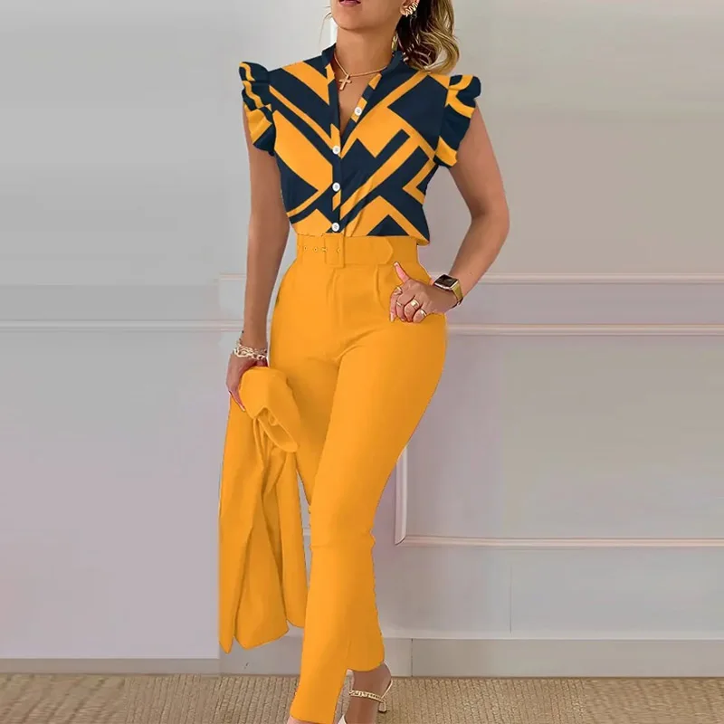 Elegant V neck Ruffle Sleeve Top and Belt Long Pants Suits Office