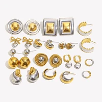 E.B.belle Double Gold Silver Color Square Round Heart Stud Earring Stainless Steel 18k Gold Plated Waterproof Fashion Jewelry