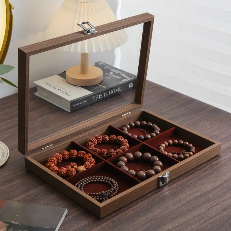Net Red Black Walnut Patterned Wooden Glass Dustproof Bracelet Jewelry Storage Box Jewelry Viewing Storage Tray Display Tray