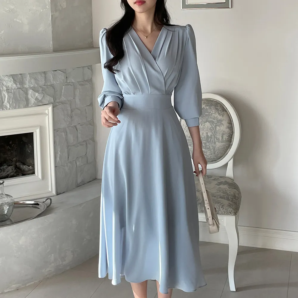 Korean Fashion Autumn Midi Dresses for Women Long Sleeves V-neck A-line Solid Casual Dress Office Lady Clothing New