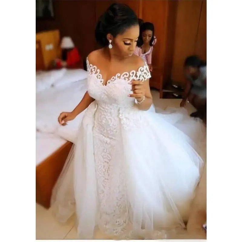 

African Nigerian Mermaid Wedding Detachable Train Lace Up Design Short Sleeve Custom Made Bridal Gowns Dresses