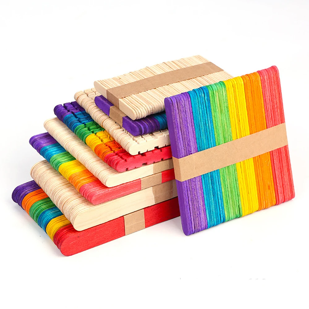 UPORS 50Pcs/Set Ice Cream Sticks Natural Wooden Ice Pop Popsicle Sticks Colorful Wood Craft for Children DIY Homemade