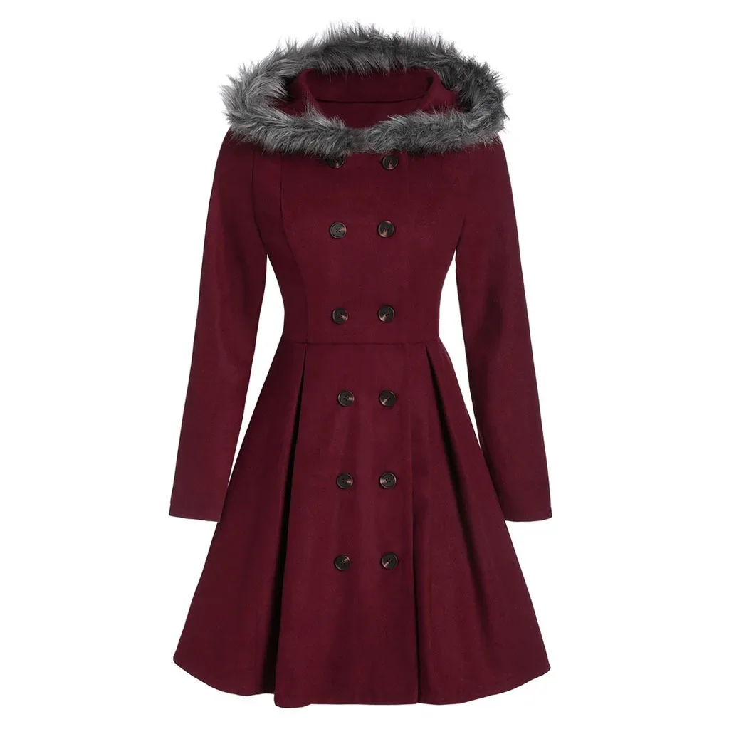 Woman Casual Fashion Princess Skirt Hooded Fur 2024 New Winter Woolen Coat Slim Double-breasted Mid-length Coat Jacket