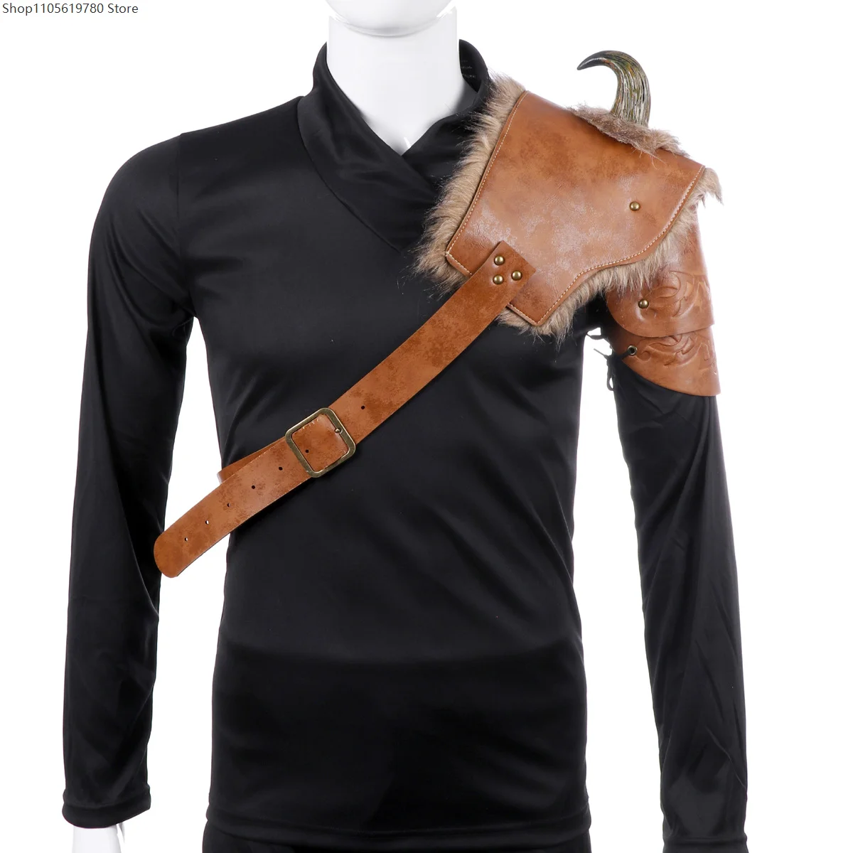 Costume da Guerriero con Armatura, Cosplay per Adulti, Armatura da Spalla Vichinga in Pelle PU Marrone con Corno, Accessorio per Costume di Halloween e Carnevale