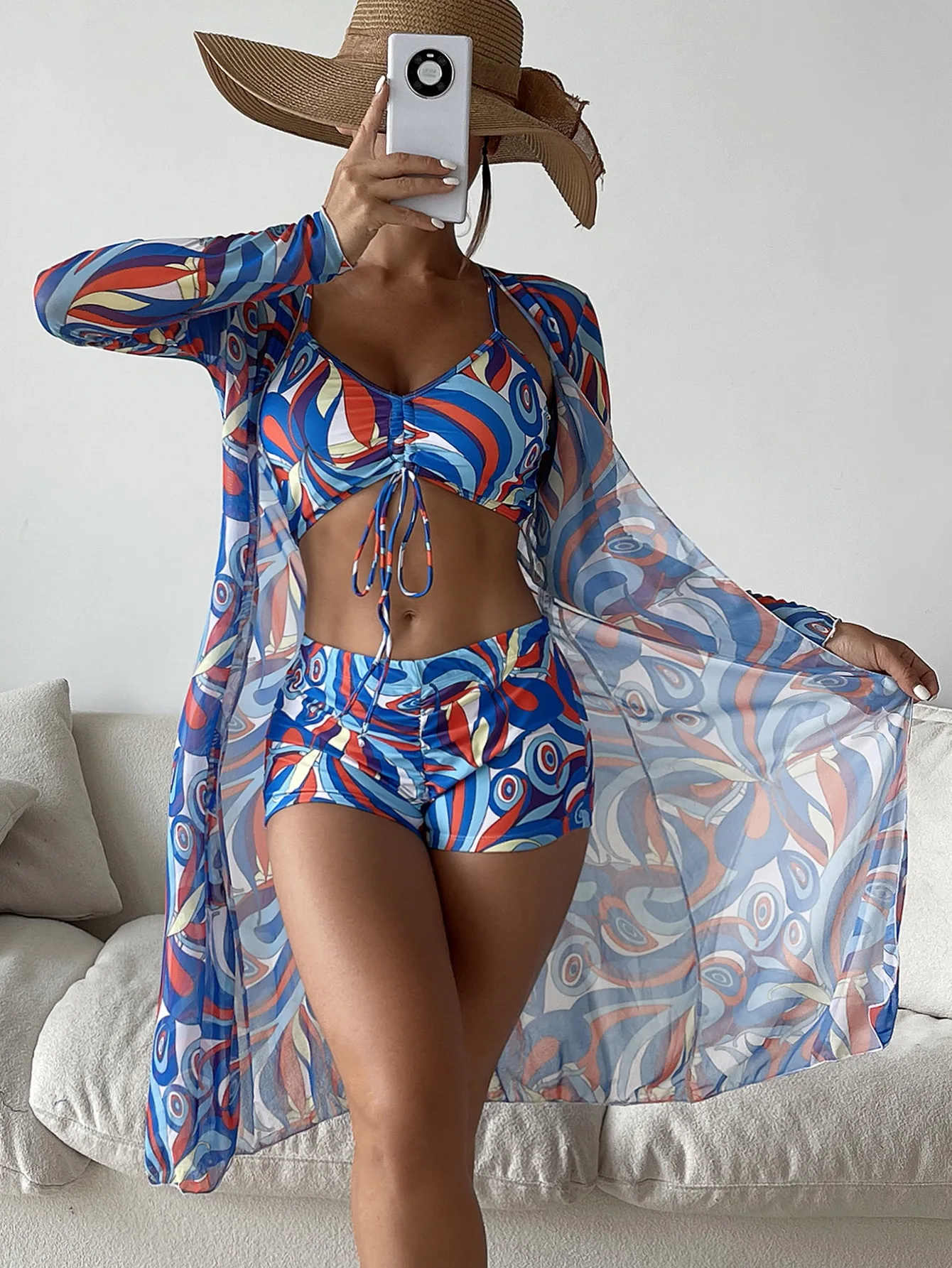 High Waist Print Bikini with Cover-Up