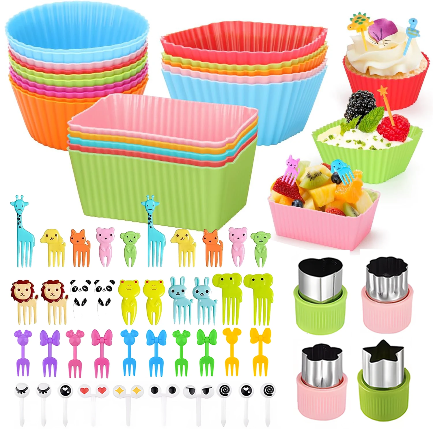 Mini Plastic Fruit Forks for Children With Fruit Cutter/Silicone Cupcake Liner for Kids School Bento Lunch Box