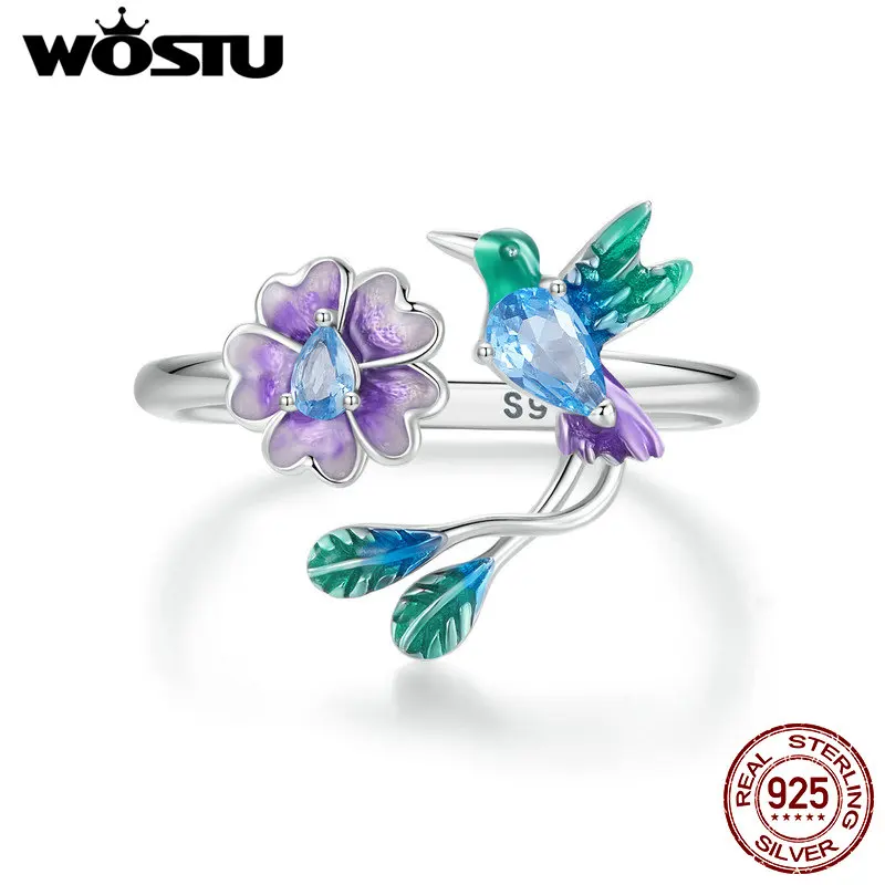 Wostu 925 Sterling Silver Colorful Flower Bird Open Ring Donna Blue Drop Crystal Oil Droped Bird Orecchini Set Di Gioielli Per Feste Regalo