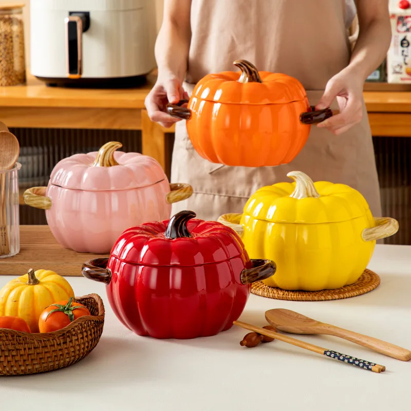 

Ceramic Soup Pot with Lid Creative Pumpkin Binaural Soup Bowl Noodle Bowl for Household Large Soup Bowl Flour Bowl Special