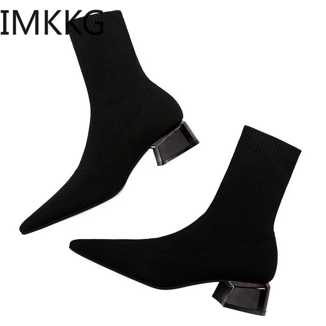 Botas Cálidas Para Mujer, Calcetines Cortos Puntiagudos De Tacón Medio Alto, Botines Negros De Grueso, Invierno, 2020 - Botas - AliExpress