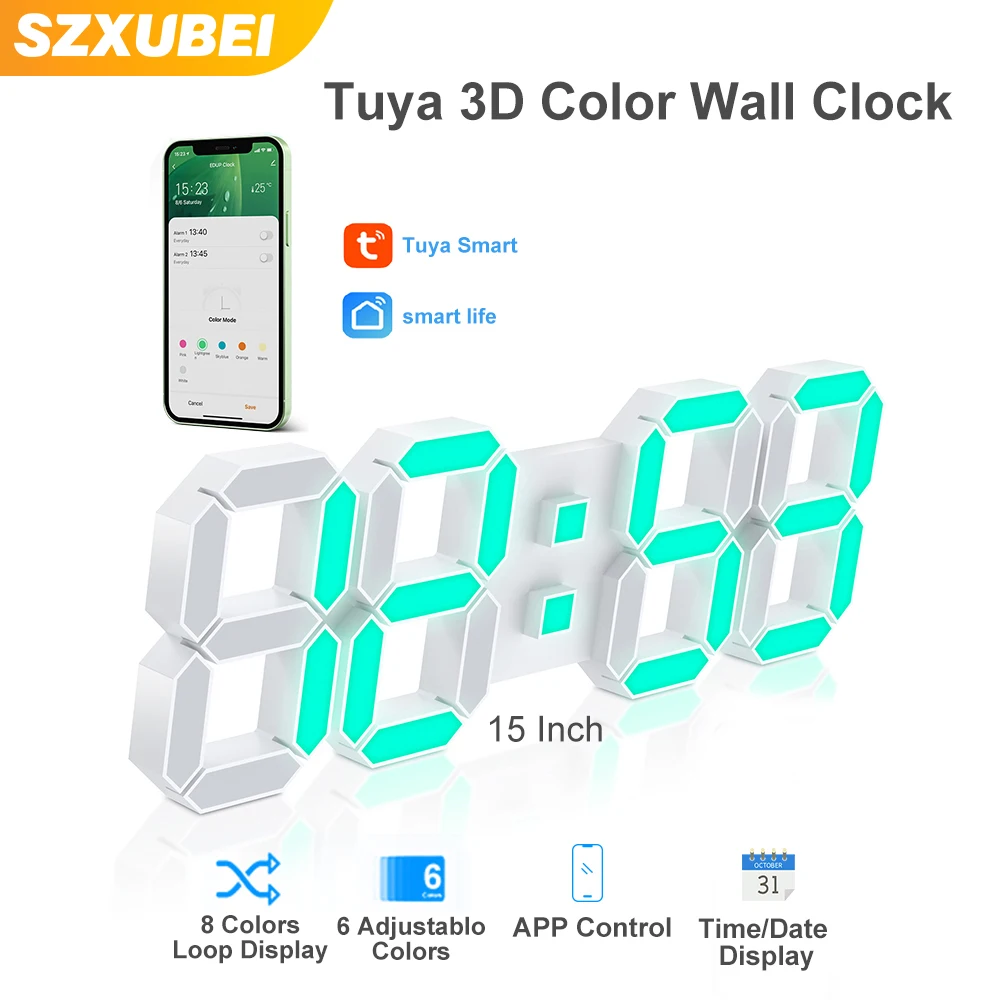 LED Digital Clock 3D Wall Clock Wall Snooze Table Calendar Thermometer 15Inch