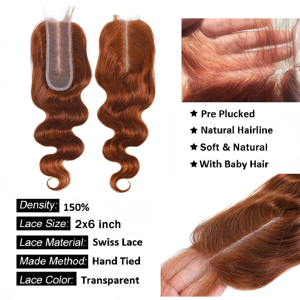 #33 Copper Red Body Wave 2x6 Lace Closure Transparent Swiss Lace Brazilian Human Hair Pre-Plucked With Baby Hair For Women 2