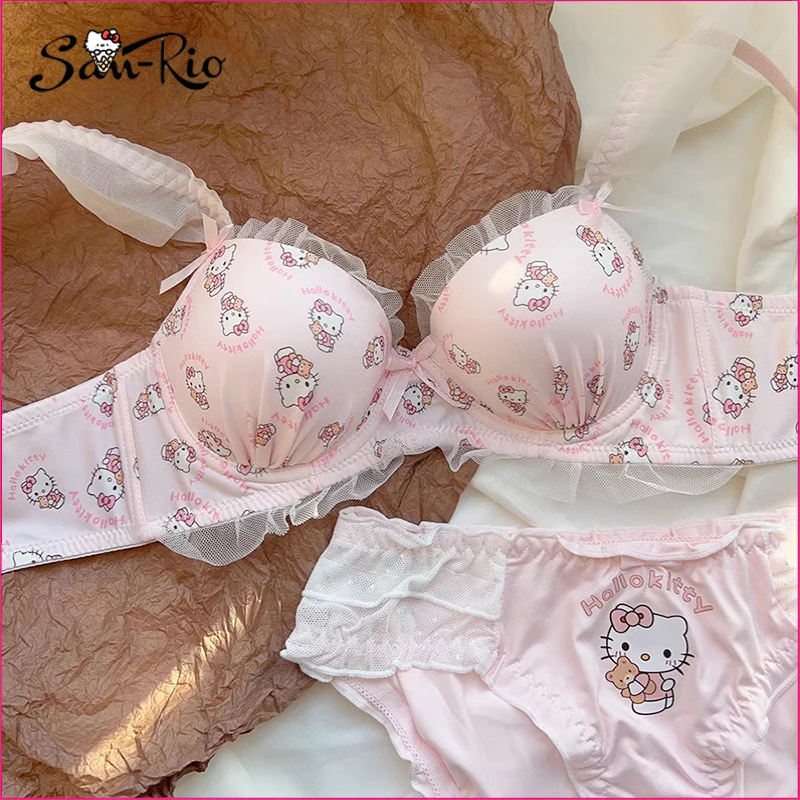 

Kawaii Hello Kitty Underwear Set Sanrio Lace Bowknot Bra Sweet Girl Bra Panties No Steel Ring Push Up Comfortable Underwear