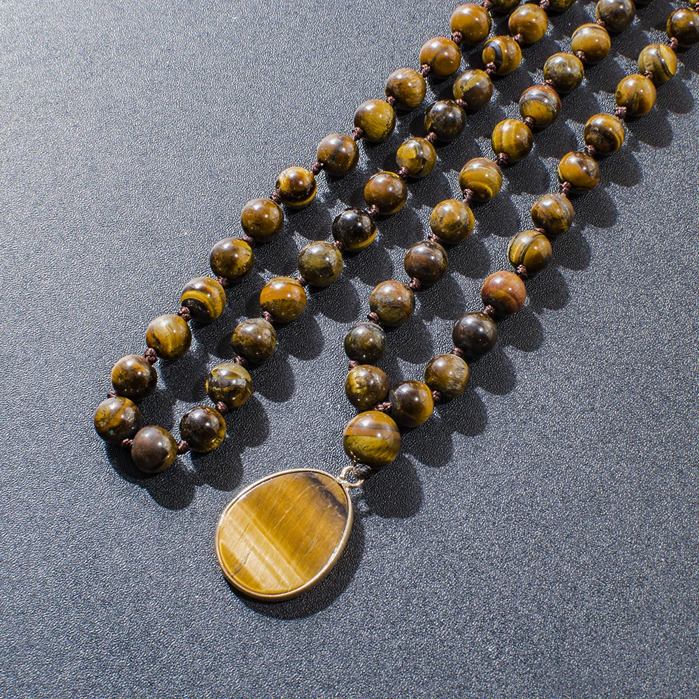 8mm Yellow Tiger Eye Bead Knot 108 Mala Necklace Meditation Yoga Prayer Jewelry Tiger Eye Pendant for Men and Women