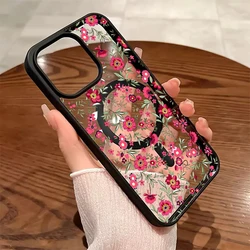 Green Leaf & Pink Flower Pattern Magnetic Phone Case Cover - Galaxy S23 Ultra (Black)