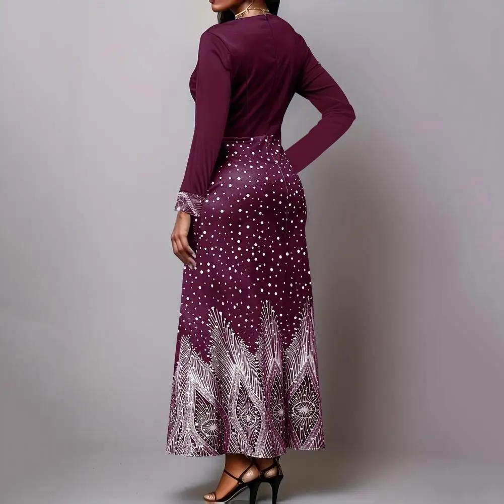 

Women Casual Retro Dress Elegant A-line Maxi Dress with Hollow Out Long Sleeve High Waist Patchwork for Women Color Matching