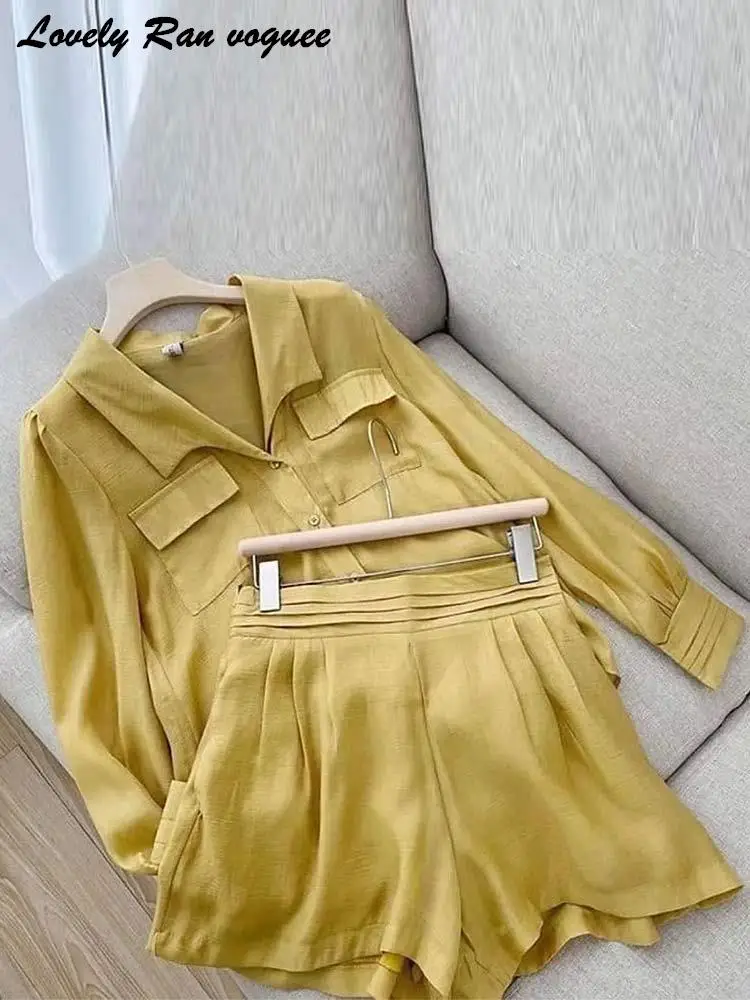 

Short Pant Set 2023 Summer Lady Jogger 2 Pieces Outfits Casual Women Shorts Suits Lantern Sleeve Lapel Shirt Loose High Waist