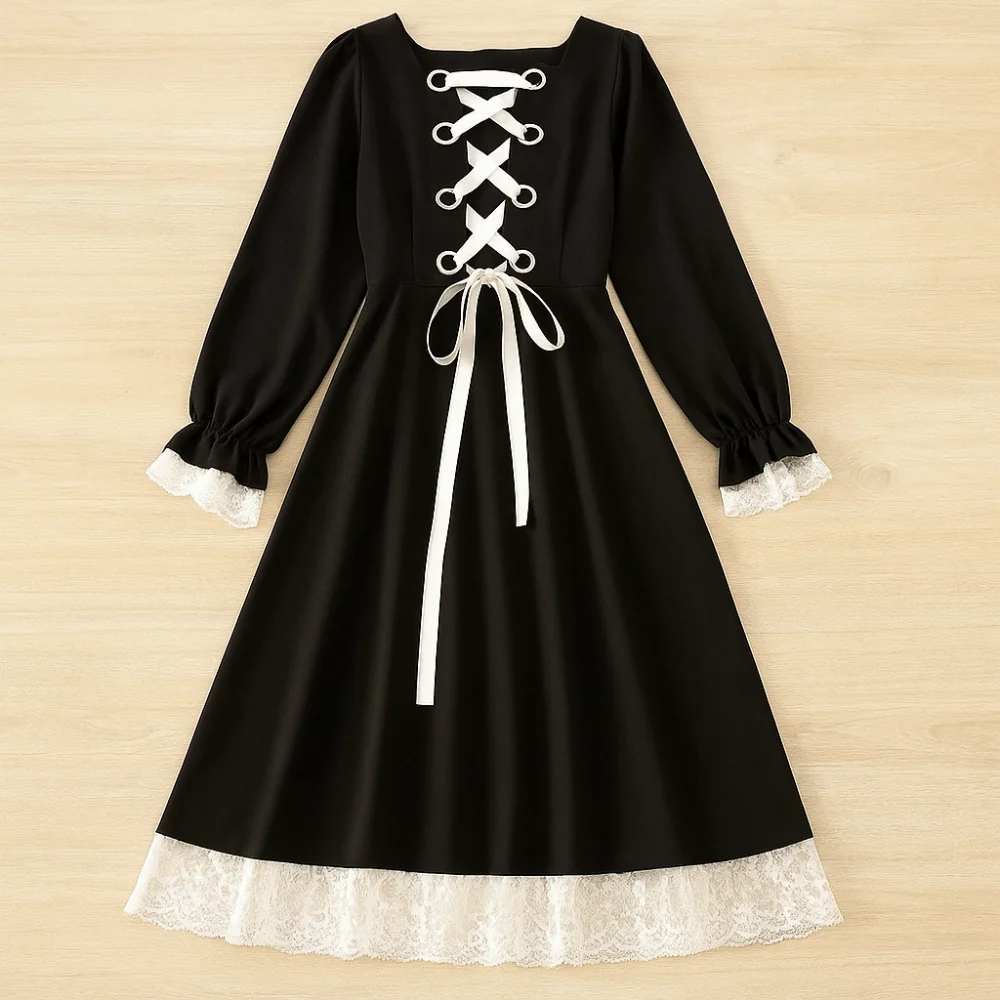 Fashion Slim Fit Lace Princes Dress Pleated Sweet Girls Long Dress A-line Ballet Style Puff Long Sleeved Dress Streetwear