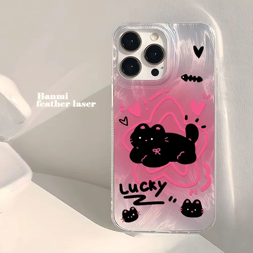 Chic Black Cat Phone Case with Laser Silver Feather Texture - Shockproof Cover