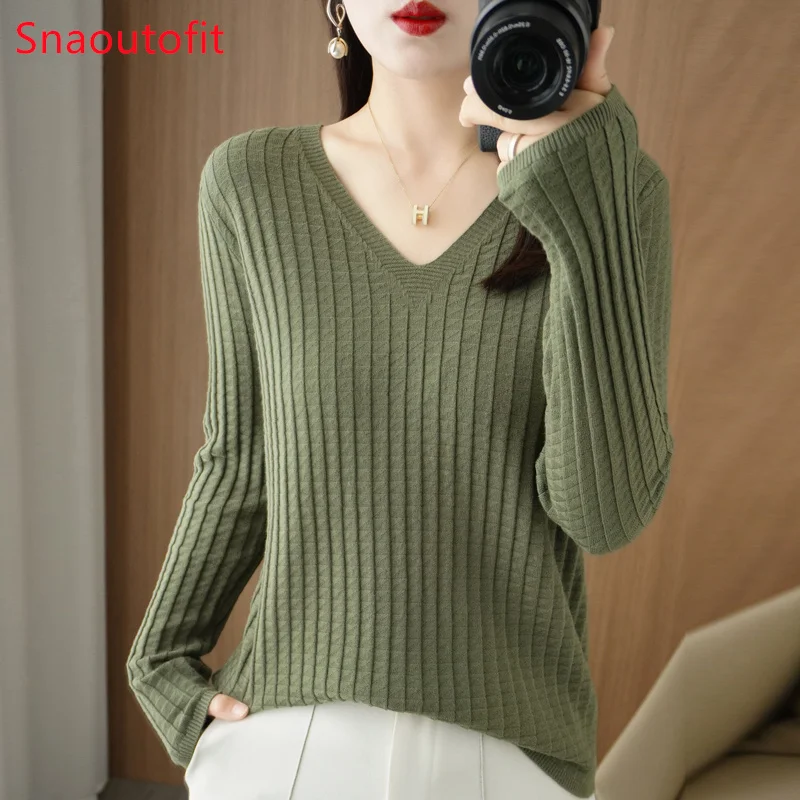 

Cashmere Sweater Women's Spring and Autumn V-Neck Knitted Sweater Female Casual Large Size Long Sleeved Slimming Pullover Top